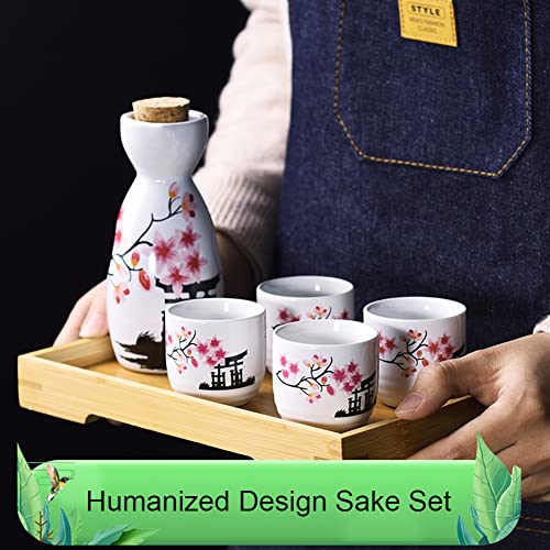 Old Craftsmen's Japanese Sake Set 5 Pcs 200ml Bottle & 50ml Cups Traditional Ceramic Sakura Design