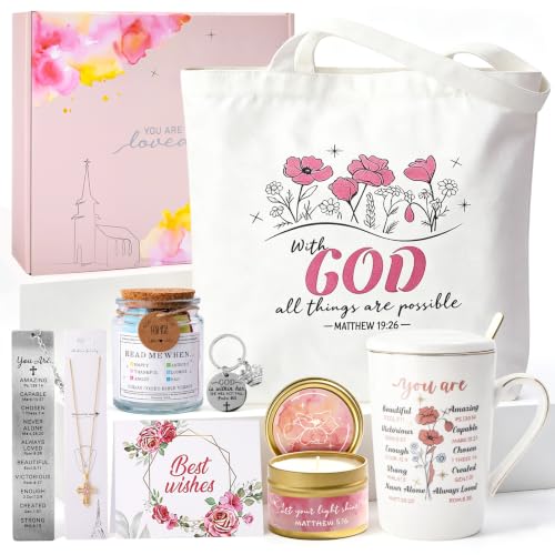 White Christian Gifts for Women, 9-Piece Inspirational Faith Gift Set with Mug & Cross Necklace
