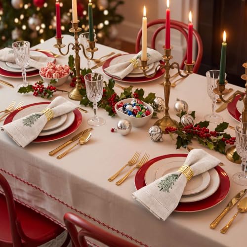 Christmas Tree Embroidered Linen Napkins Set of 6 18x18'' Rustic Holiday Decor Xmas