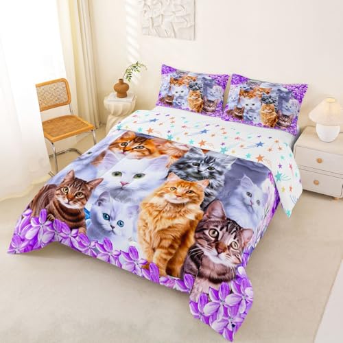 Cute Cartoon Cat Twin Comforter Set with Pillowcase - Floral Design