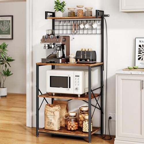 4-Tier Kitchen Bakers Rack with Power Outlet, Microwave & Coffee Stand