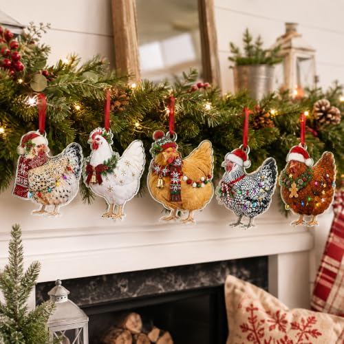 Funny Chicken Christmas Ornaments - Farmhouse Holiday Tree Decorations (Set of 5)