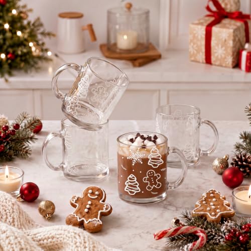 LemonRoad 4 Pcs Christmas Glass Coffee Mugs 12 oz Gingerbread Cups - Variation: 4 / Christmas
