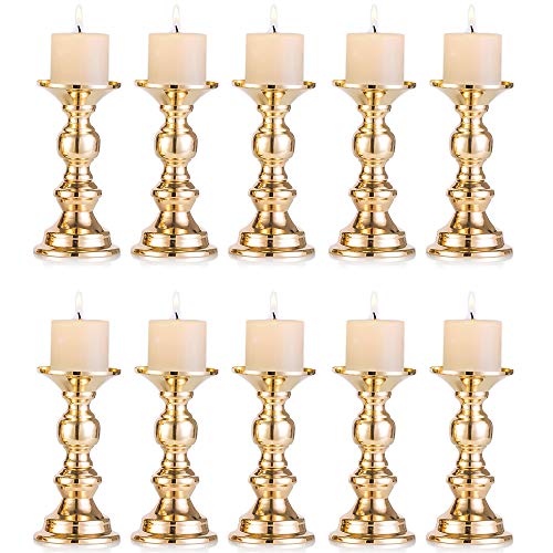 NUPTIO 10Pcs Gold Pillar Candle Holders Set, 6in Centerpiece Stands for 2in Candles