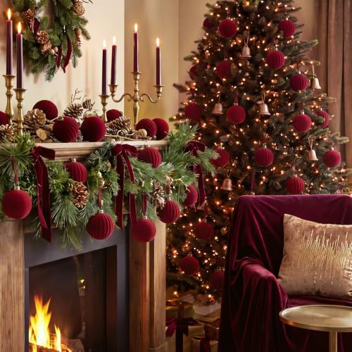 Pinkunn 24 pcs Burgundy Velvet Christmas Ornaments 2.36 Inch - Elegant Holiday Decor Set