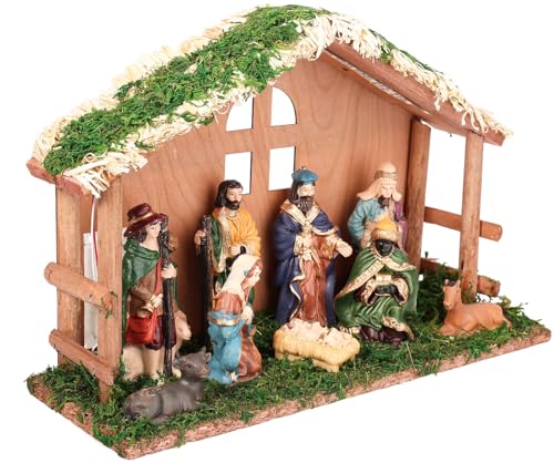 Lighted Christmas Nativity Set with Wooden Stable - 10 Piece Tabletop Decor