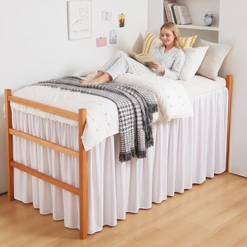 Twin XL Dorm Bed Skirt with 32 Inch Drop - Extra Long Dust Ruffle (White)