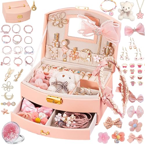 Pink Princess Jewelry Box for Girls with Mirror and Hair Accessories Set