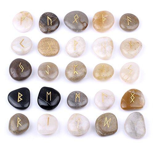 25-Piece Natural Rune Stone Set with Engraved Elder Futhark Symbols