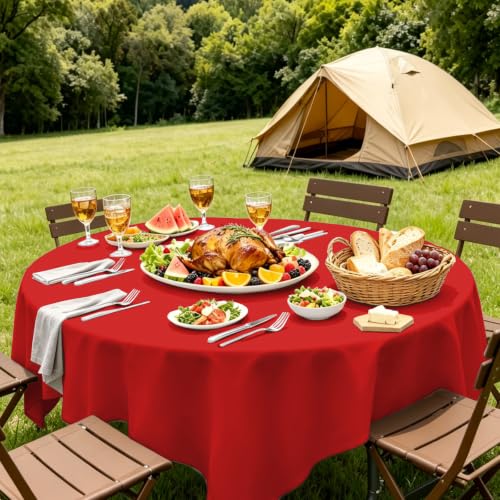 CC-SLZP 3 Pack Red Round Plastic Tablecloths 84 Inch Waterproof Disposable