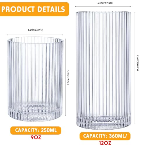 12 Pcs Ribbed Drinking Glass Set - Clear Vintage Highball Glasses 9 oz & 12 oz
