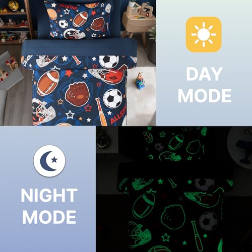 Glow in the Dark Sports Ball Twin Comforter Set - 5-Piece Boys Bed in a Bag