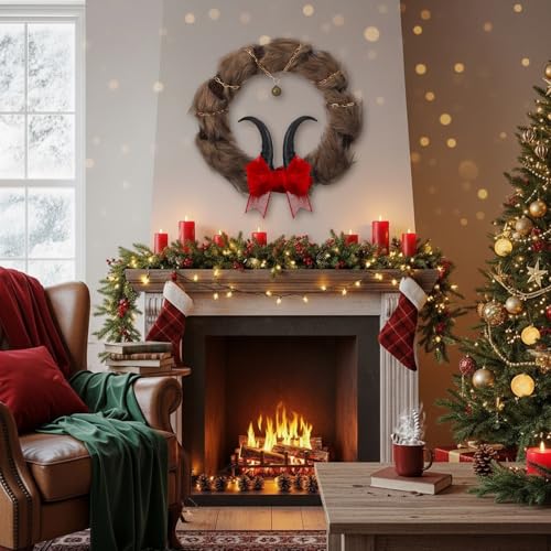12-Inch Krampus Wreath with Faux Fur and Horns for Gothic Holiday Decor