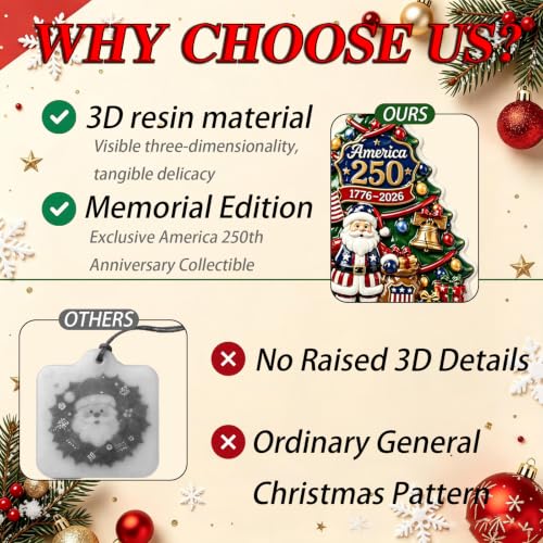America 250th Anniversary Christmas Ornament - Patriotic Holiday Decor - Christmas Tree Decoration - 3D Hand-Painted Resin - Christmas Tree Variation