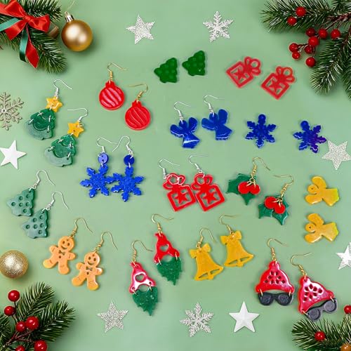 ZQYSING 68 Pcs Christmas Resin Earring Molds Kit with Hooks & Rings – Includes Snowflake, Gingerbread, Bell, Tree