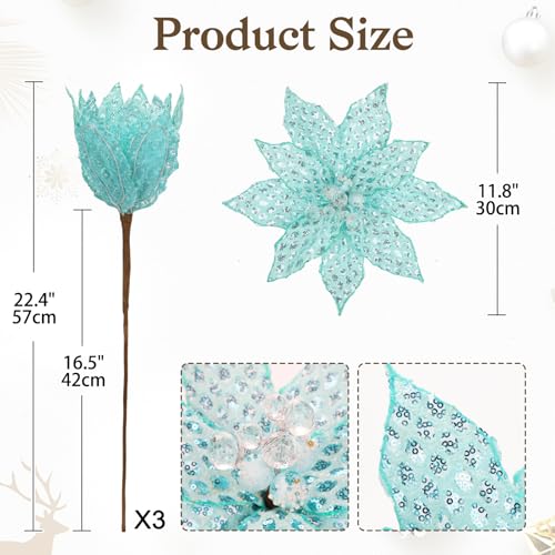 Briful Teal Blue Poinsettias 3-Pack 22.4in Glitter Mesh Artificial Christmas Flowers