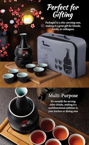 LOONCREST Black Japanese Ceramic Sake Set with Cups Bottle Warmer & Carrying Case