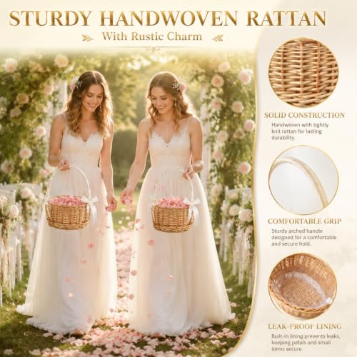 2-Pack Handmade Wicker Flower Girl Baskets with Ribbon and Handles