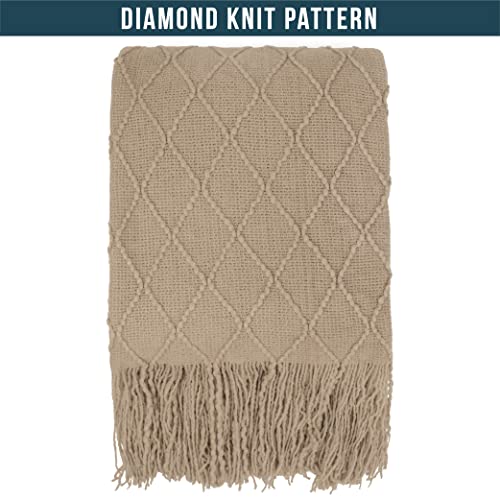 Tan Taupe Knit Throw Blanket with Fringe Tassel, 50x60 Inch Soft Boho Throw