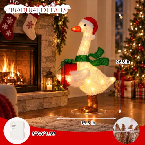 Lighted Christmas Goose Decoration with Santa Hat & Gift Box - White & Green