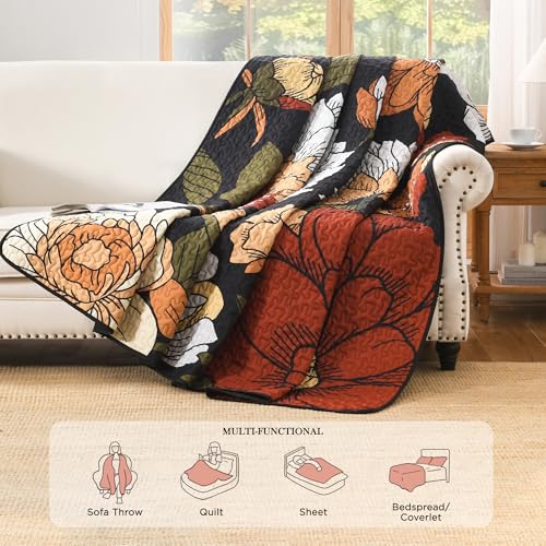 Andency Black Floral Boho King Quilt Set - 3-Piece Reversible Bedspread