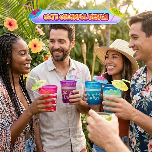 48-Pack Tropical Party Cups with Parasol Straws - 16oz Disposable Luau Drinkware