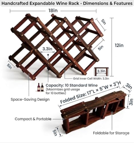 Foldable Wooden Wine Rack - 10-Bottle Expandable Countertop Holder