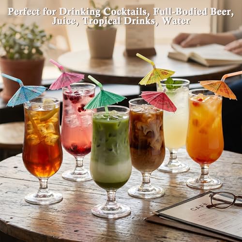 Hurricane Glass Set of 6 with 10 Umbrella Drink Straws for Cocktails & Party