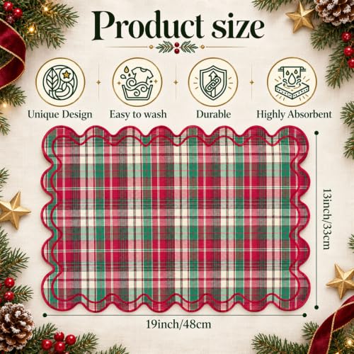 Gandeer Linen Placemats Set of 12 – 13 x 19 in, Scalloped, Christmas Red & Green