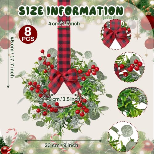 TOCHGREEN 8PCS Mini Christmas Candle Ring Wreaths - 9in Outer, 3in Inner Diameter