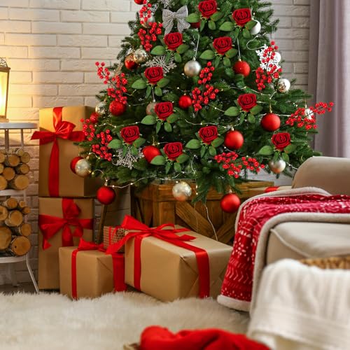 Artificial Velvet Rose & Berry Christmas Decor Set | 60 Pcs Holiday Floral Arrangement