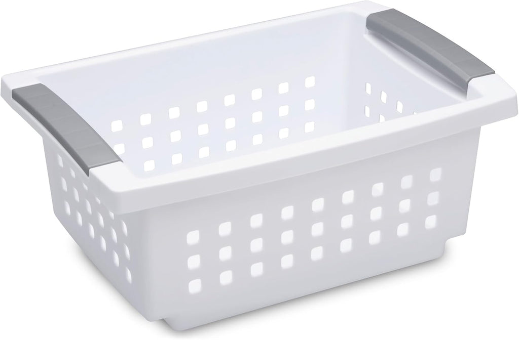 Sterilite Small Plastic Stacking Storage Baskets - Comfort Grip Handles | 8 Pack, White for Home Organization