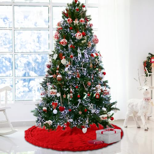 36-Inch Red Cable Knit Christmas Tree Skirt - Thick Rustic Farmhouse Decor