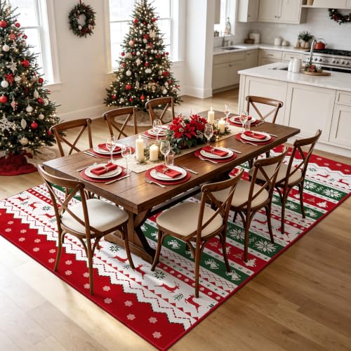 U'Artlines 6 x 9 ft Colorful Christmas Area Rug - Tree Deer Bell, washable