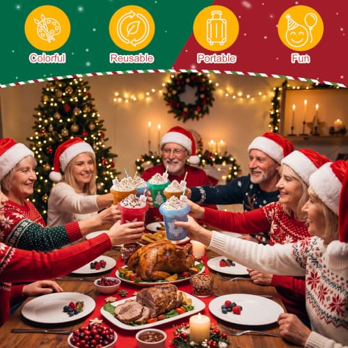Ceenna 24 Pack Christmas Plastic Drink Buckets 34oz with Lids & Straws - Classic Holiday Design