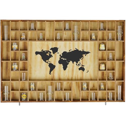 Rustic World Map Shot Glass Display Case - 68-Capacity Wood Wall Shelf
