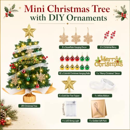 HOMDAILY 2ft Mini Christmas Tree with Lights - Green Tabletop Holiday Decor