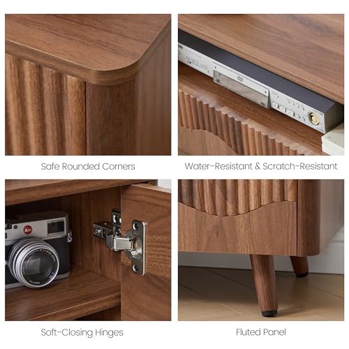 Fluted Wave TV Stand and Lift-Top Coffee Table Set, Walnut Brown
