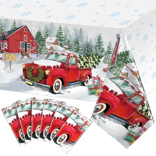 Tiamon 6-Pack Christmas Red Truck Tablecloths 54x108in, Plastic Holiday Farm Print