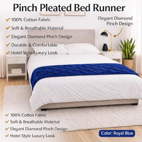 King Pinch Pleat Pure Cotton Bed Runner - Decorative Bed Scarf (Royal Blue)