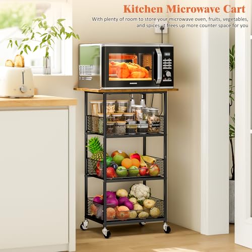 Rolling Microwave Cart with 3-Tier Storage Baskets and Shelving