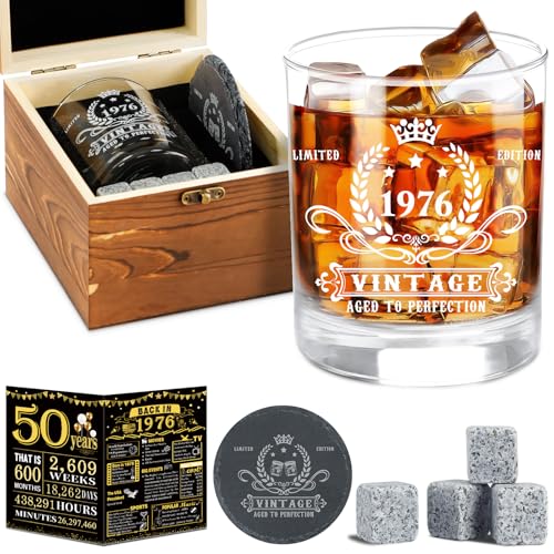 50th Birthday Whiskey Gift Set with Glass, Granite Stones, and Coaster