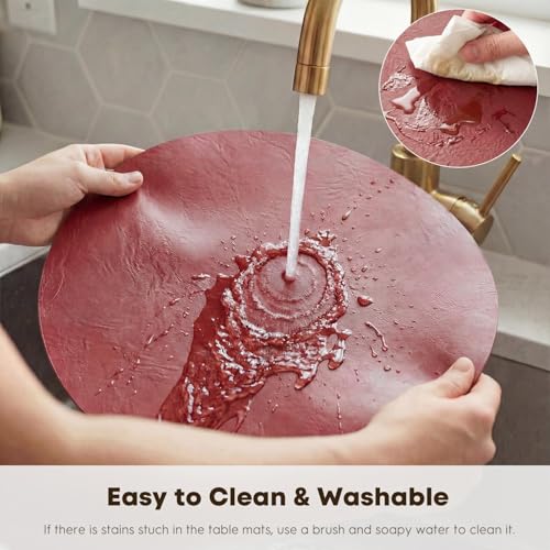 Artoid Mode Red Faux Leather Round Placemats Set of 6, 15-Inch Reversible Waterproof Dinner Table Decor