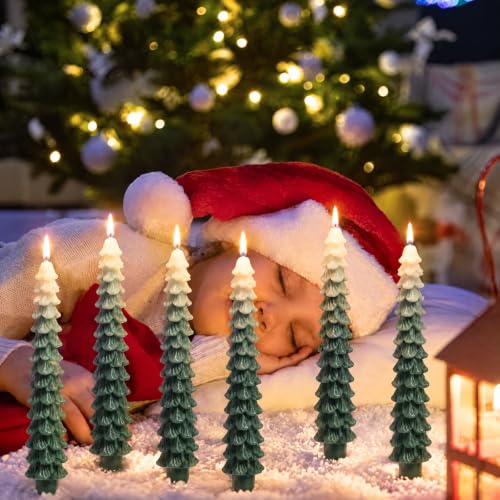 Funtery 6-Pack 10 Inch Layered Christmas Tree Candles in Forest Green Ombre - Real Wax