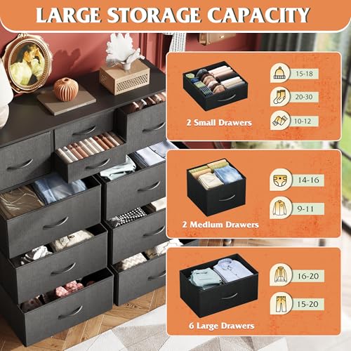 10-Drawer Fabric Dresser with Steel Frame, Side Pockets and Hooks