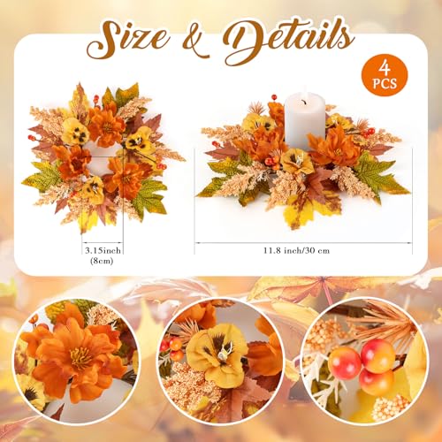 4-Piece Mini Fall Floral Candle Rings with Berries for Autumn Table Decor