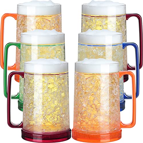 16 oz Freezer Beer Mugs with Gel, Double Wall Insulated Plastic Cups (6 Pack)