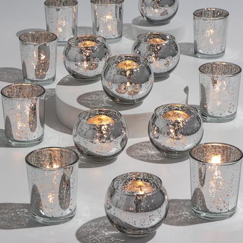 DEVI 48Pcs Mercury Glass Votive Candle Holders – Silver Assorted Round & Teardrop Styles