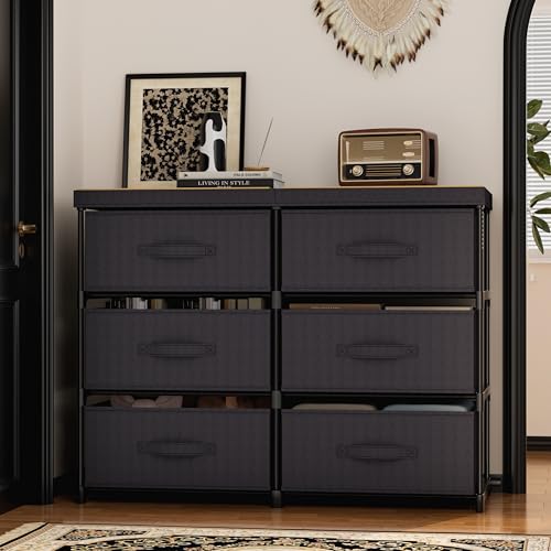 6-Drawer Fabric Dresser Storage Tower with Wooden Top & Metal Frame