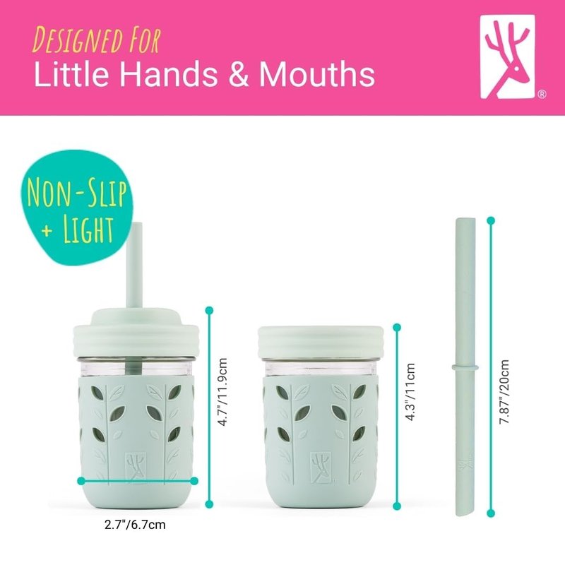 Elk and Friends Kids + Toddler Glass Cups | The Original 8oz Glass Mason Jar with Sleeves + Lids | Silicone Straws + Stopper | Smoothie Cup | Food Storage | Spill Resistant | Dishwasher Safe | 8 Pack